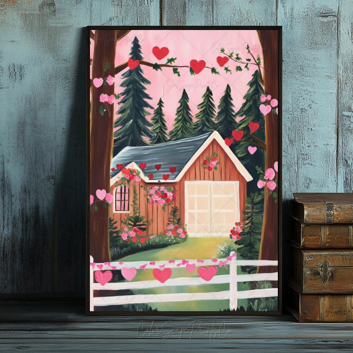 Red Barn Cabin With Hearts Pink Sky Woodland Valentine Poster - Image 3