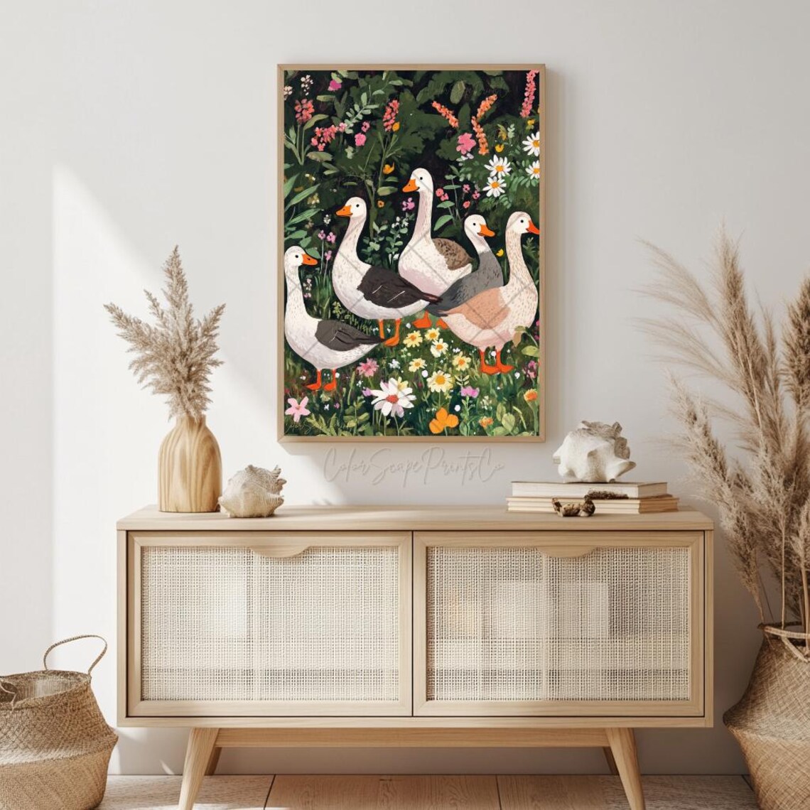 Five Cute Geese Walking Through a Flower Garden Farmhouse Poster - Image 3