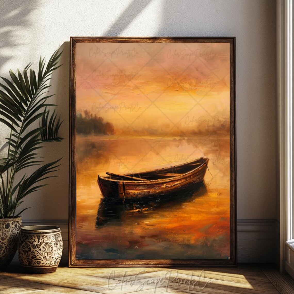 Golden Sunset Lake Wooden Rowboat Tranquil Oil Painting Poster - Image 4