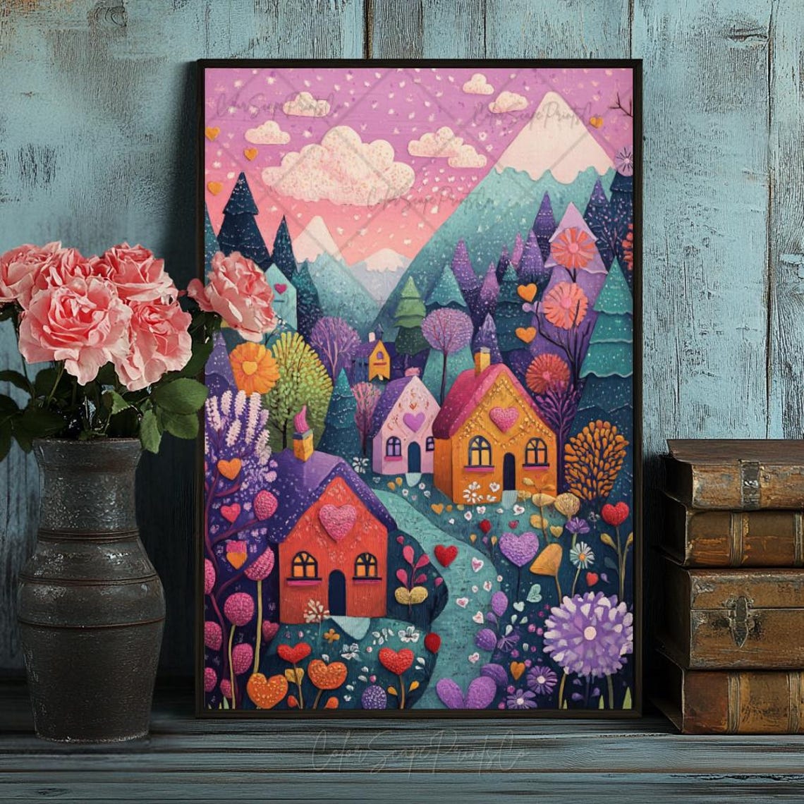 Whimsical Valentines Village with Heart Trees Pink Sky Painting Poster - Image 4