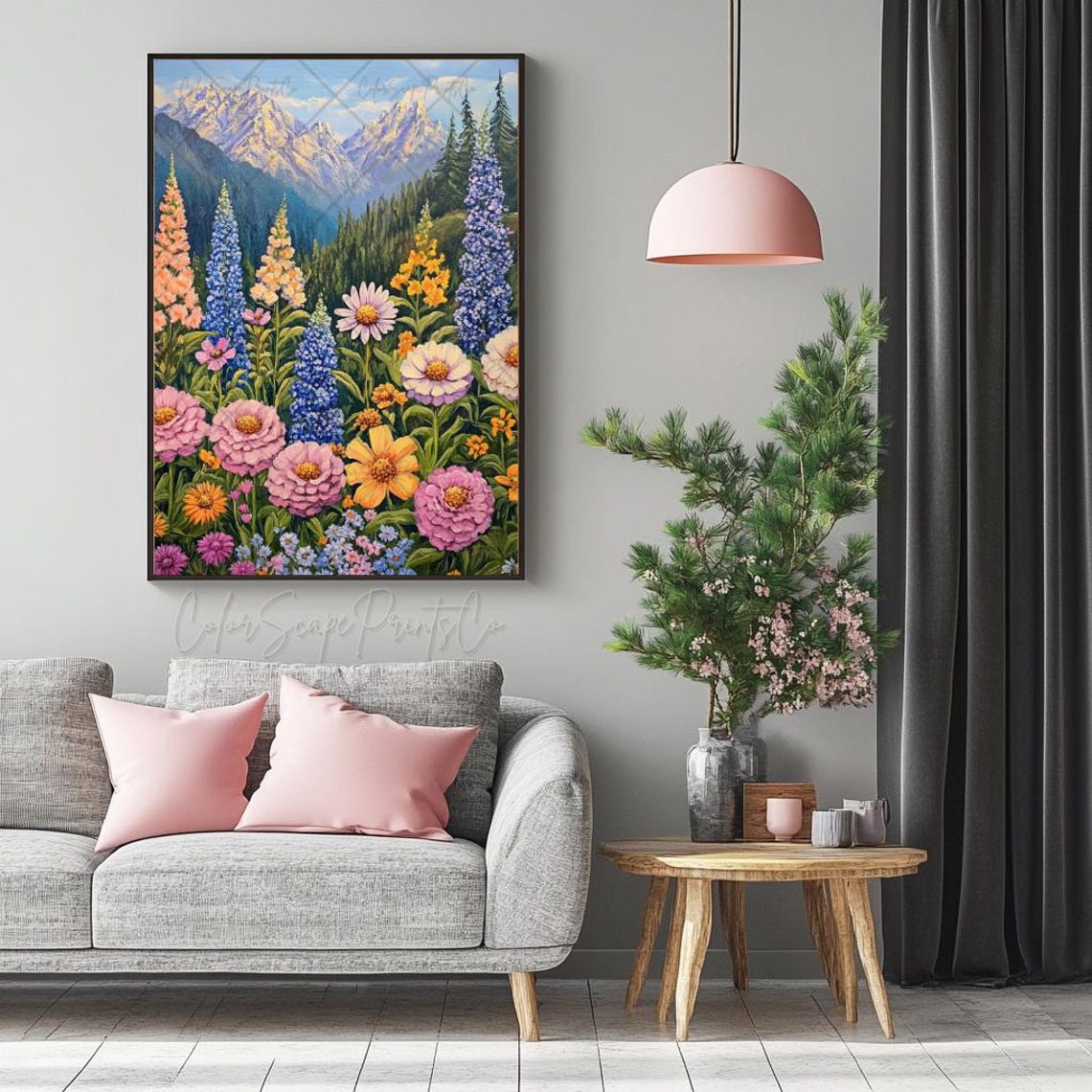 Colorful Wildflower Garden With Mountain Peaks Botanical Poster - Image 2