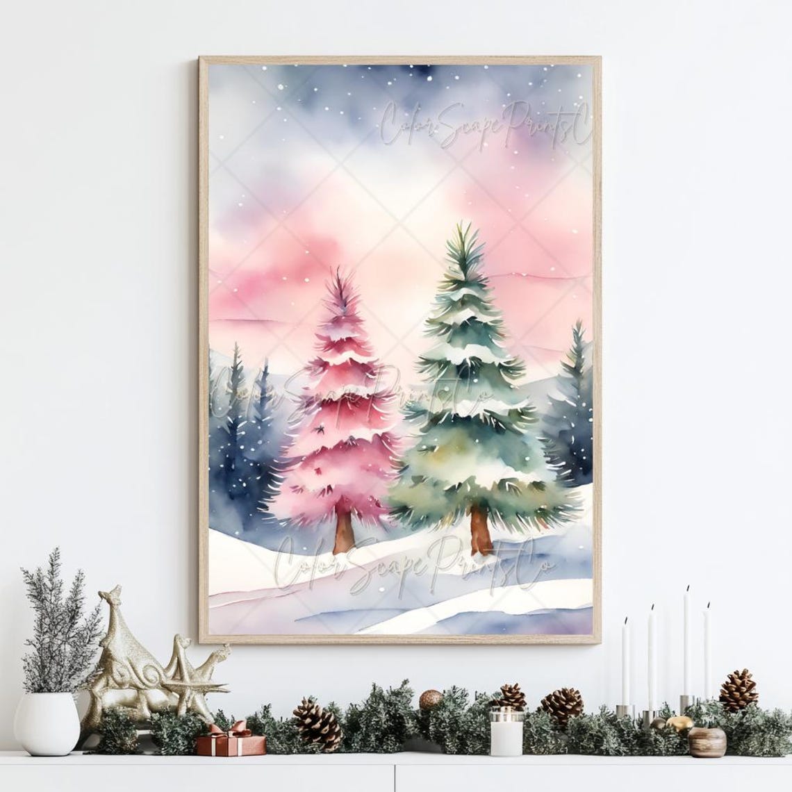 Pastel Watercolor Snowy Pine Trees at Sunset Soft Winter Art Poster - Image 4