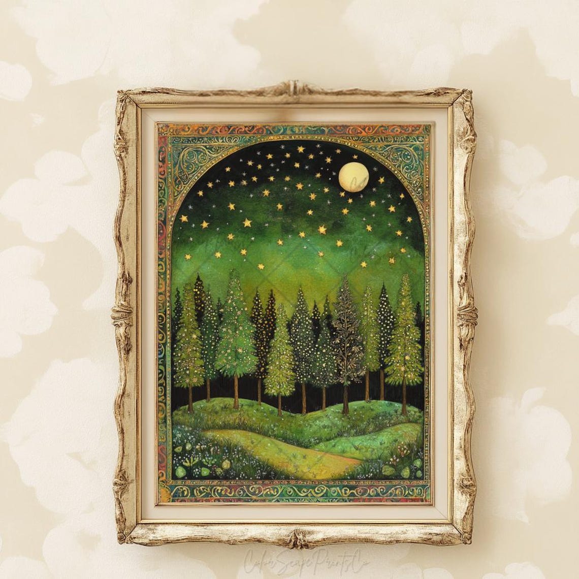 Enchanted Forest Full Moon Gold Stars Ornate Border Art Poster - Image 4