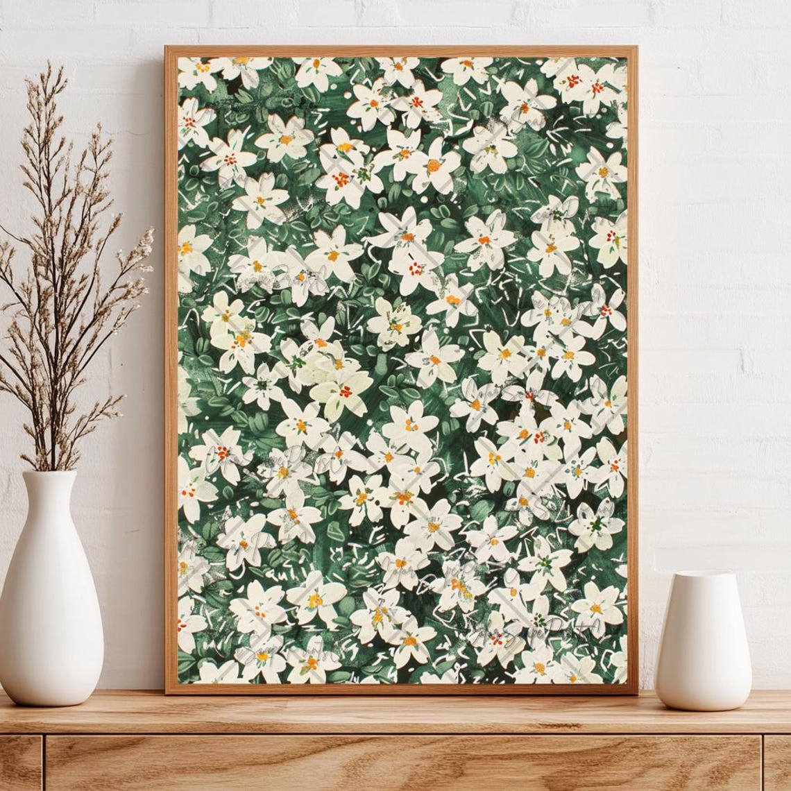 White Jasmine Wildflower Meadow Green Lush Botanical Art Poster - Image 2