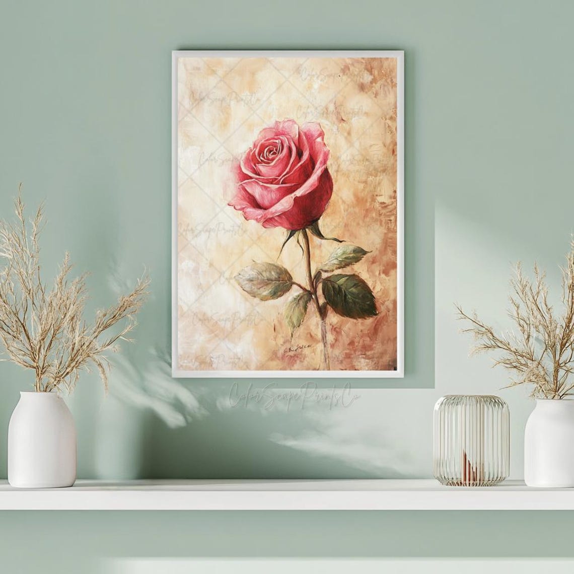 Red Rose Vintage Oil Painting Poster on Textured Warm Beige Background - Image 4