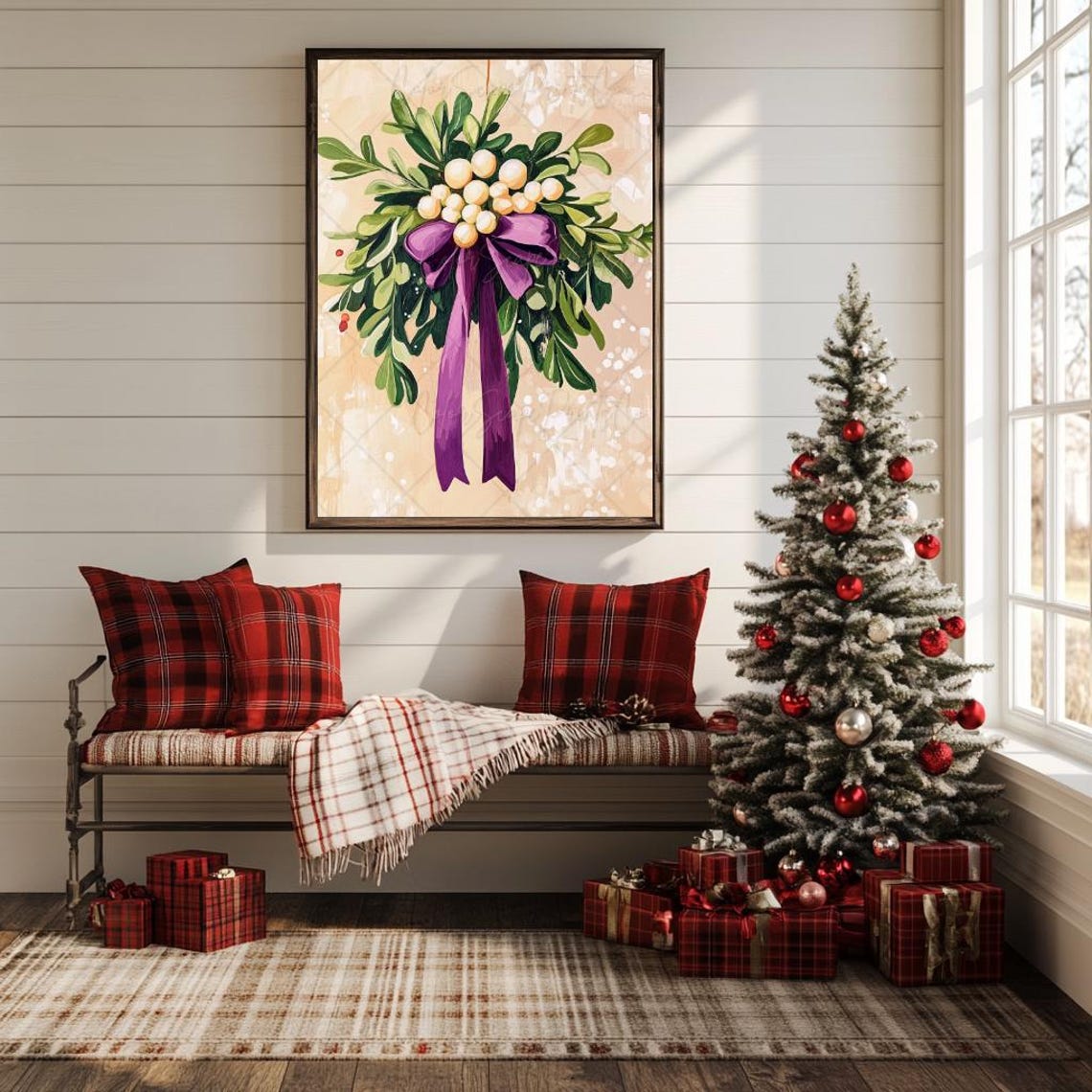 White Berry Holiday Spray with Purple Bow Botanical Winter Art Poster - Image 3