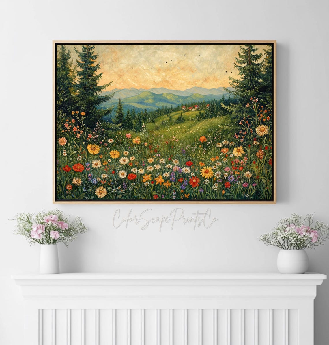 Wildflower Field Painting Vintage Garden Painting Sunset Painting Botanical Landscape Print Sunset Landscape Wall Art Botanical Floral Art - Image 3