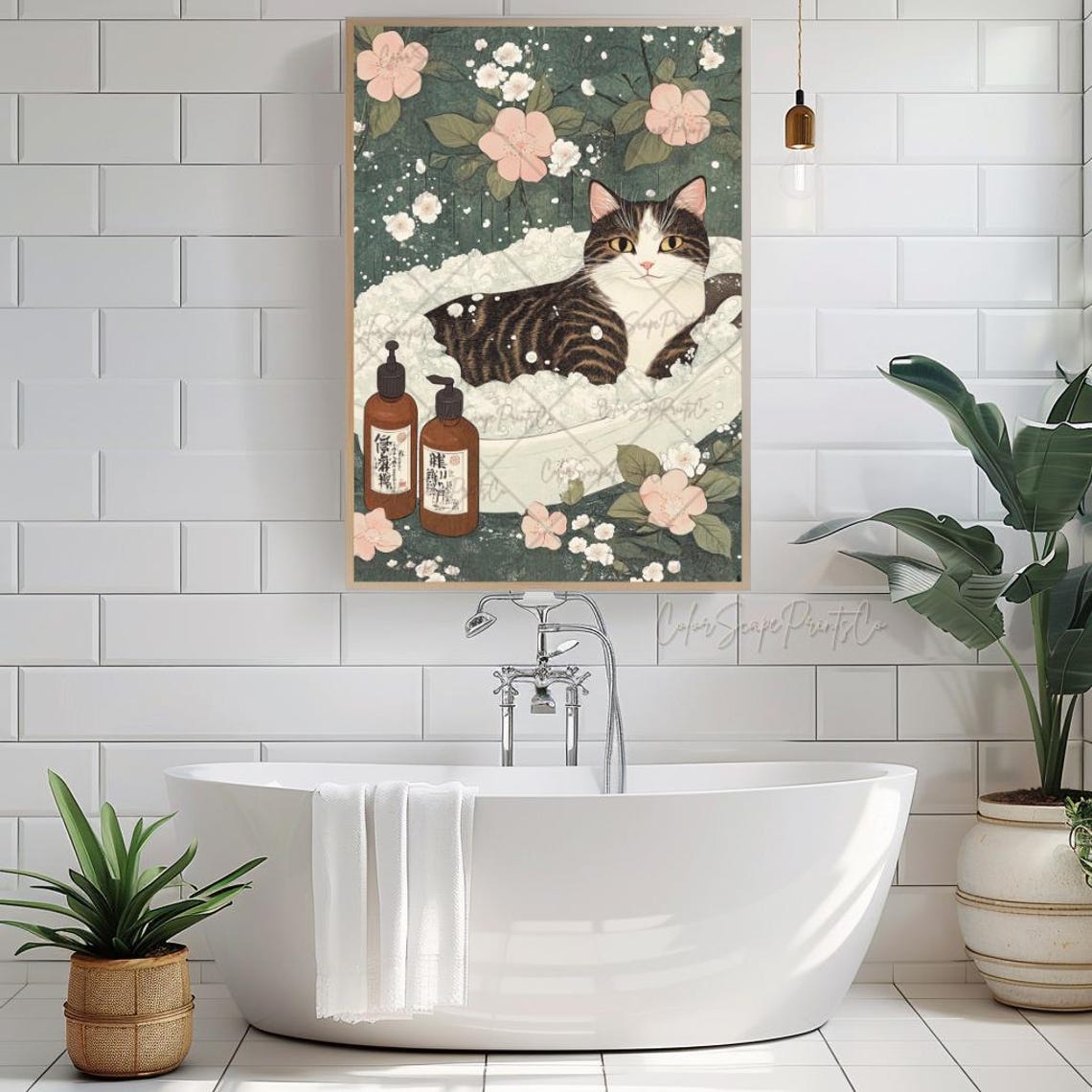 Tabby Cat Bubble Bath With Cherry Blossoms Relaxing Spa Art Poster - Image 3