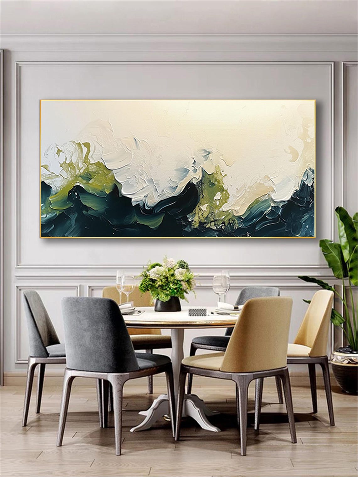 Deep Teal Ocean Waves 3D Textured Painting White Foam Panoramic Poster - Image 5