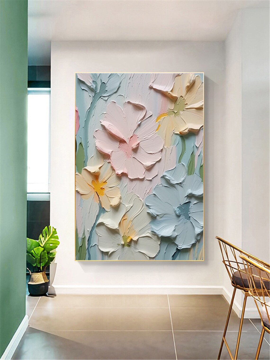 Pastel Pink Cream Blue Blooms Teal Background Floral Wall Art - Image 5