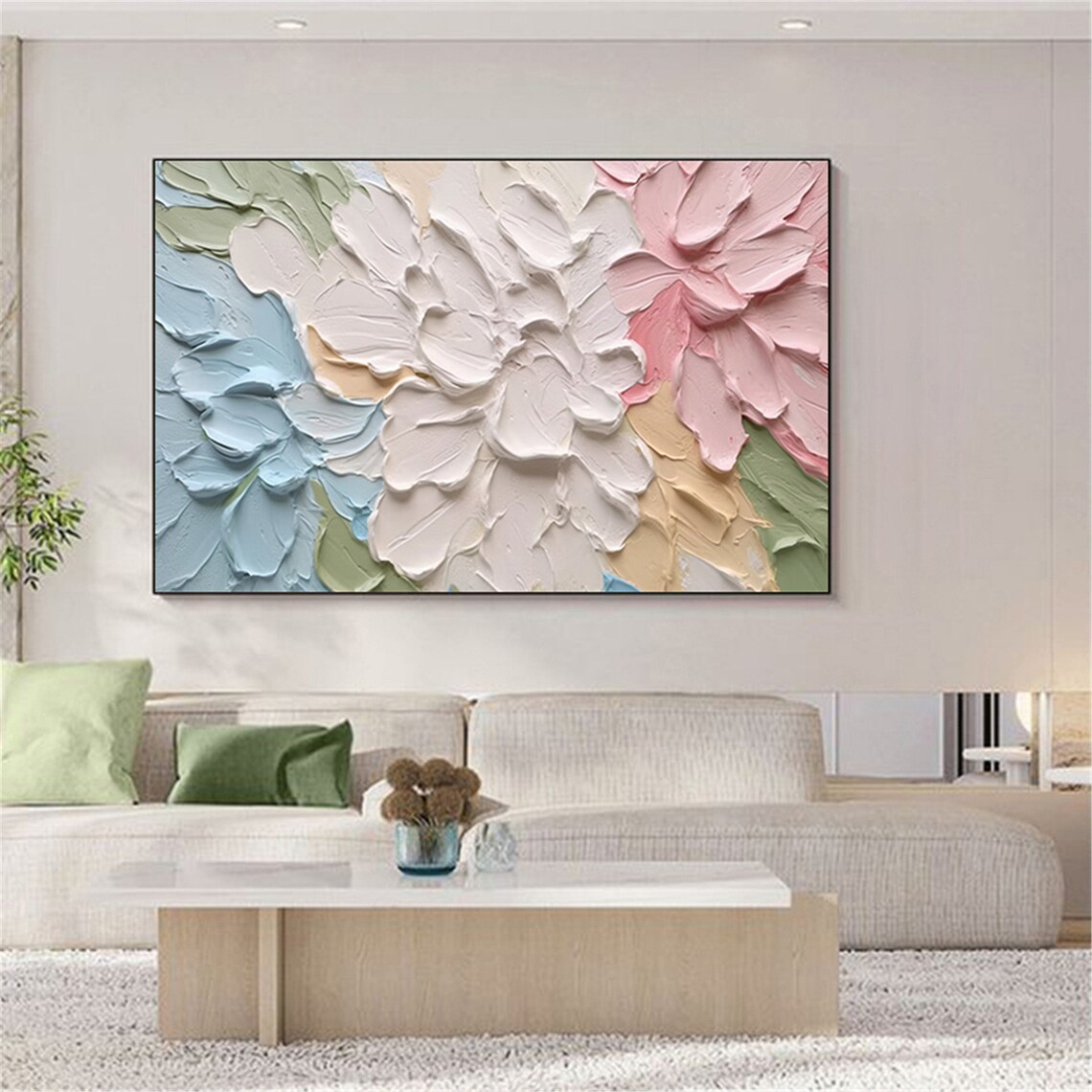 Pastel Petal Bloom 3D Textured Impasto Floral Painting Cream Wall Art - Image 5