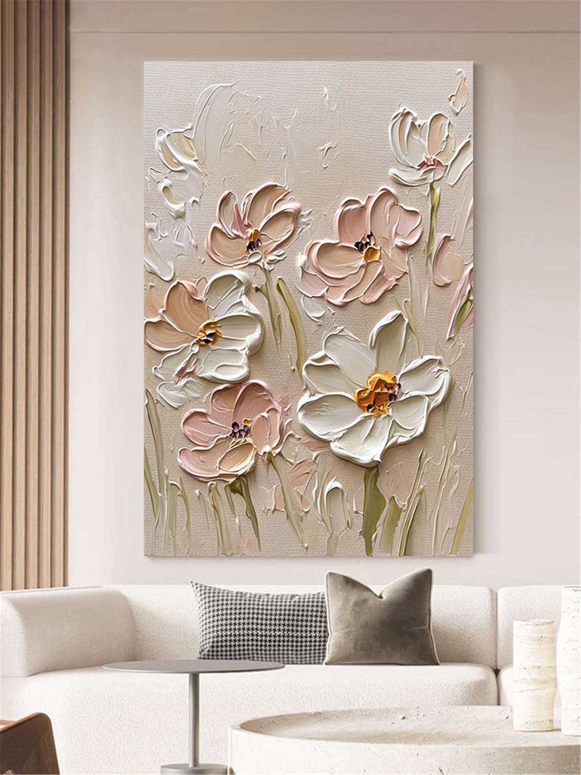 Minimal White Blush Cosmos Flower 3D Textured Floral Painting Poster - Image 3