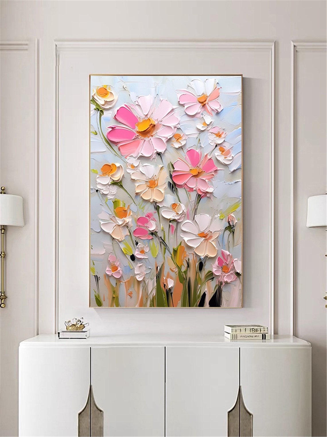 White Pink Daisy Meadow Pale Blue Vertical Textured Floral Wall Art - Image 3
