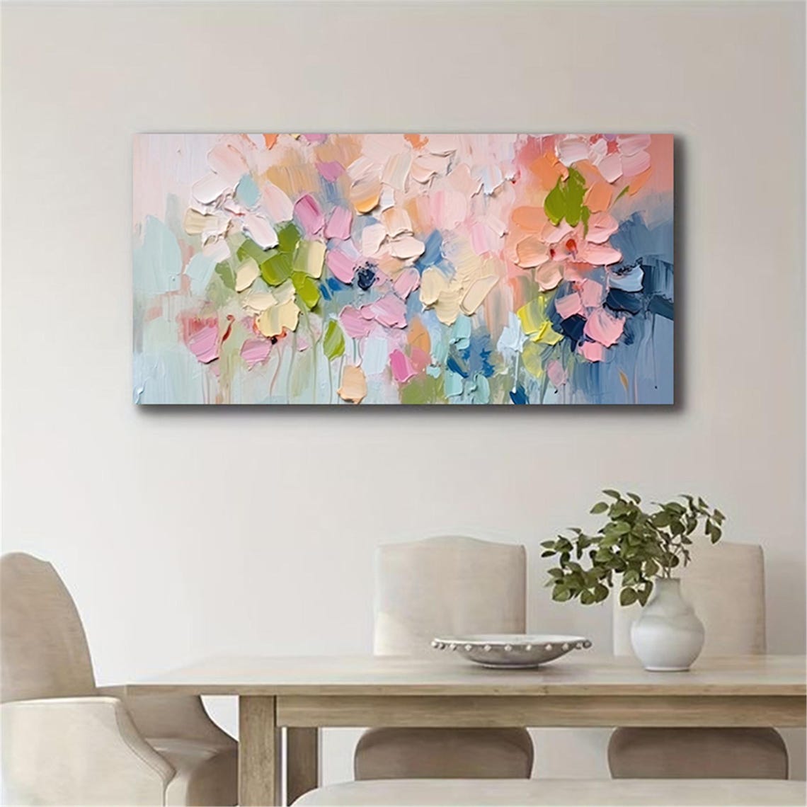 Coral Pink Blue Abstract Flowers Panoramic Modern Floral Wall Art - Image 5