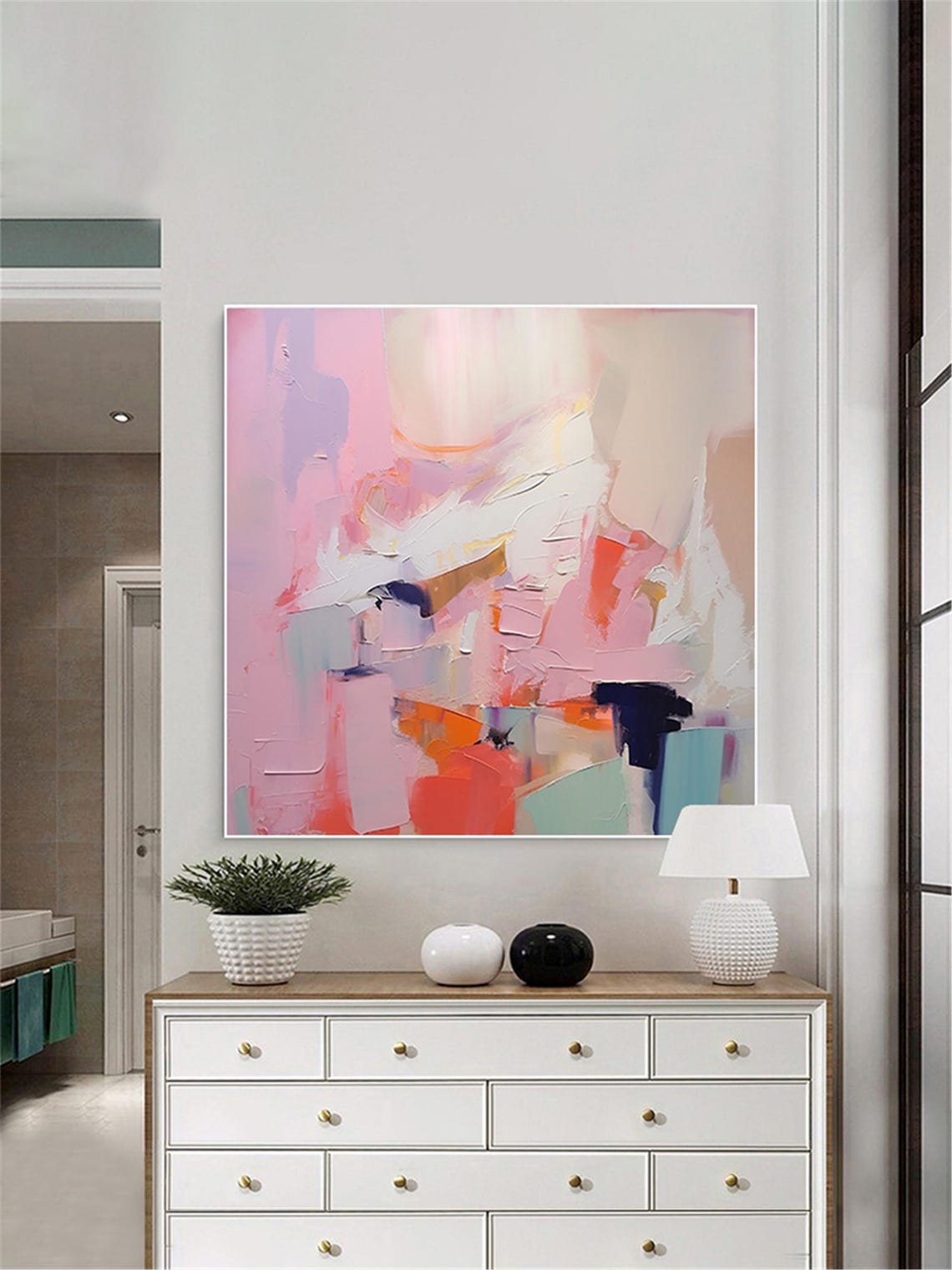 Blush Pink Navy Orange Modern Abstract Brushstroke Gallery Wall Art - Image 4