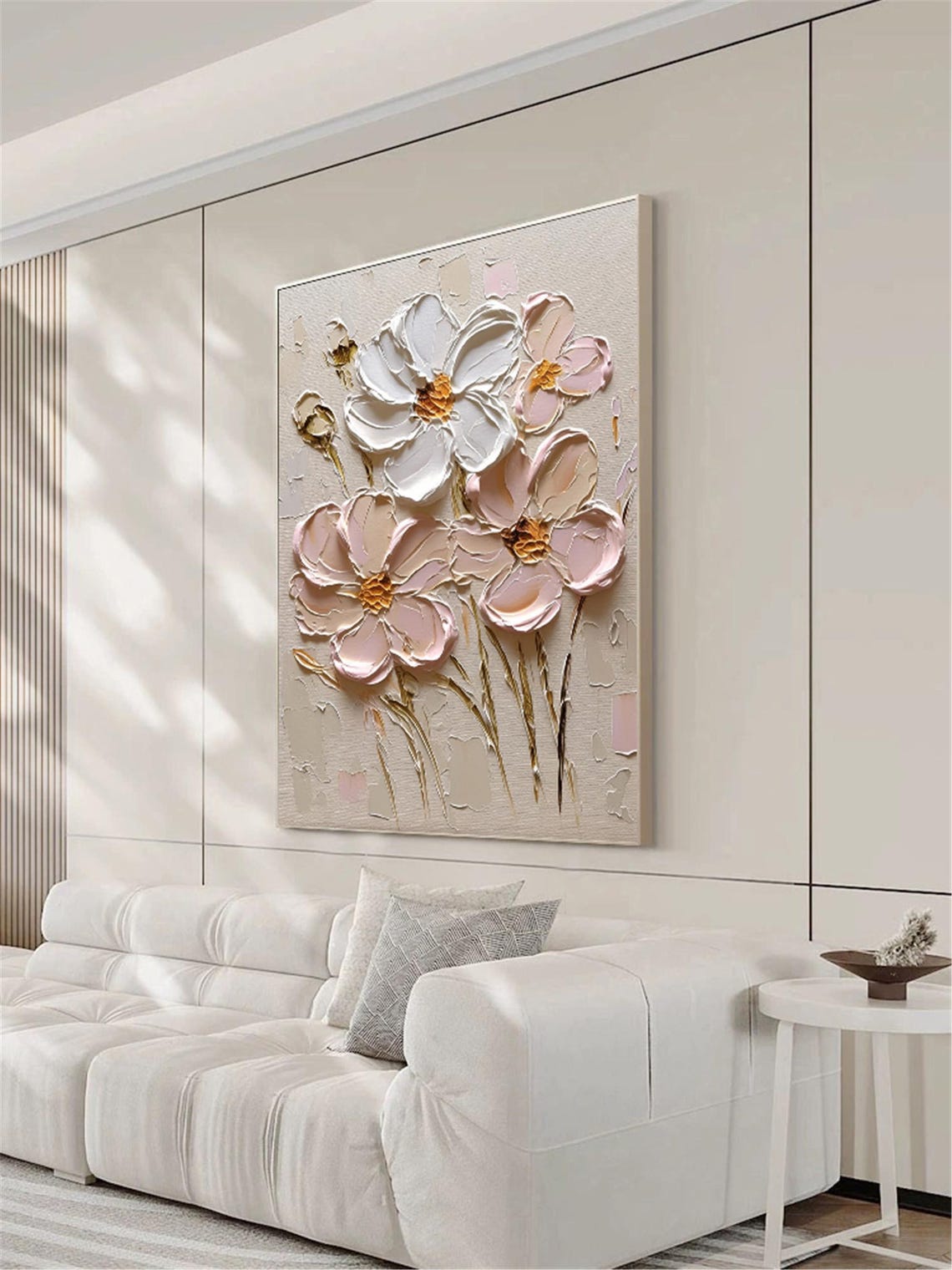 White Peach Bloom Tall Stems 3D Textured Floral Painting Poster - Image 2