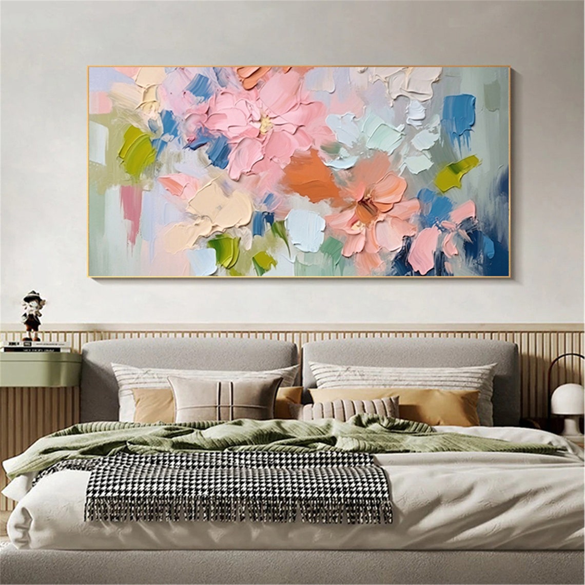 Pink Coral Blue Green Abstract Floral Panoramic Statement Wall Art - Image 3