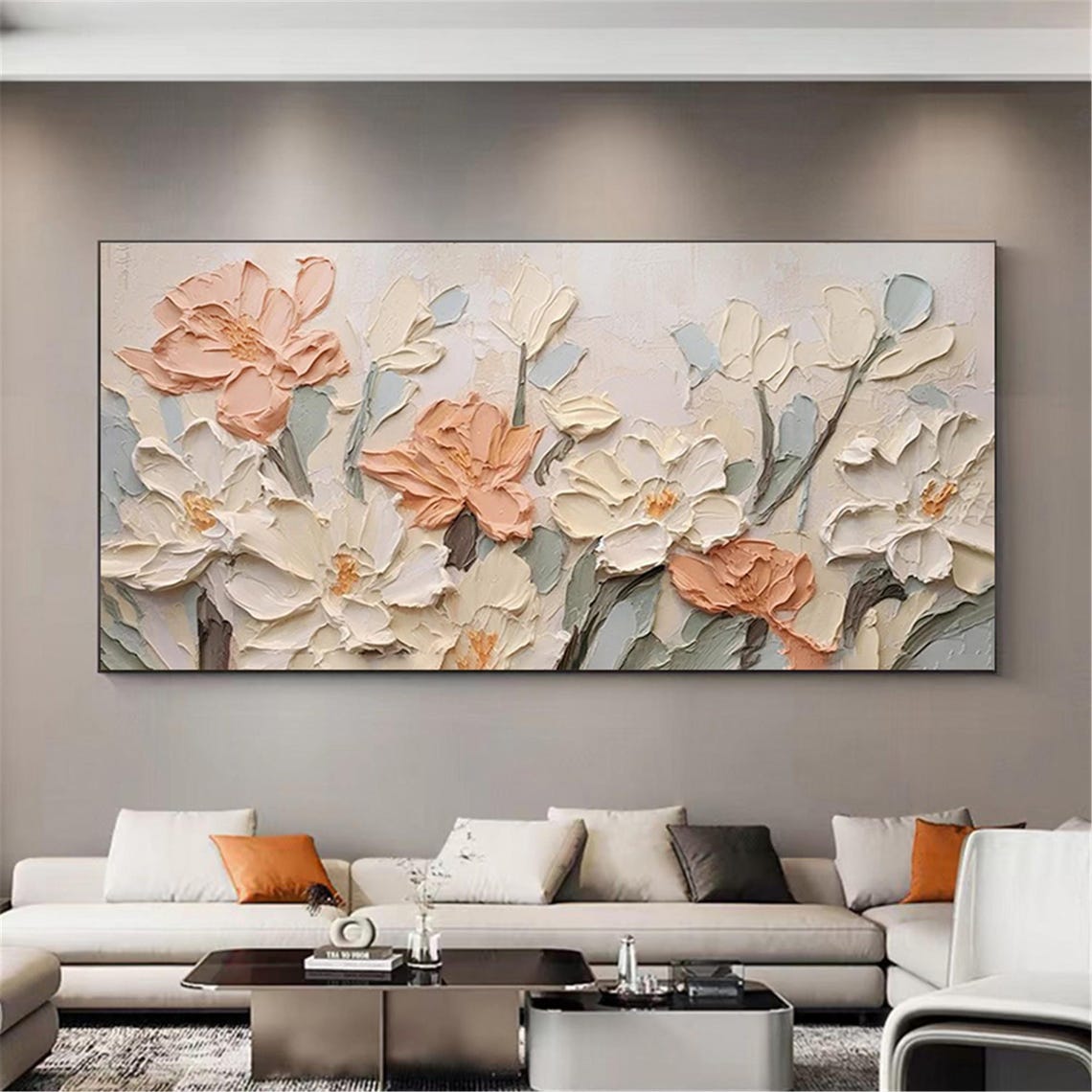 Neutral Cream Peach Large Bloom 3D Textured Floral Painting Poster - Image 5