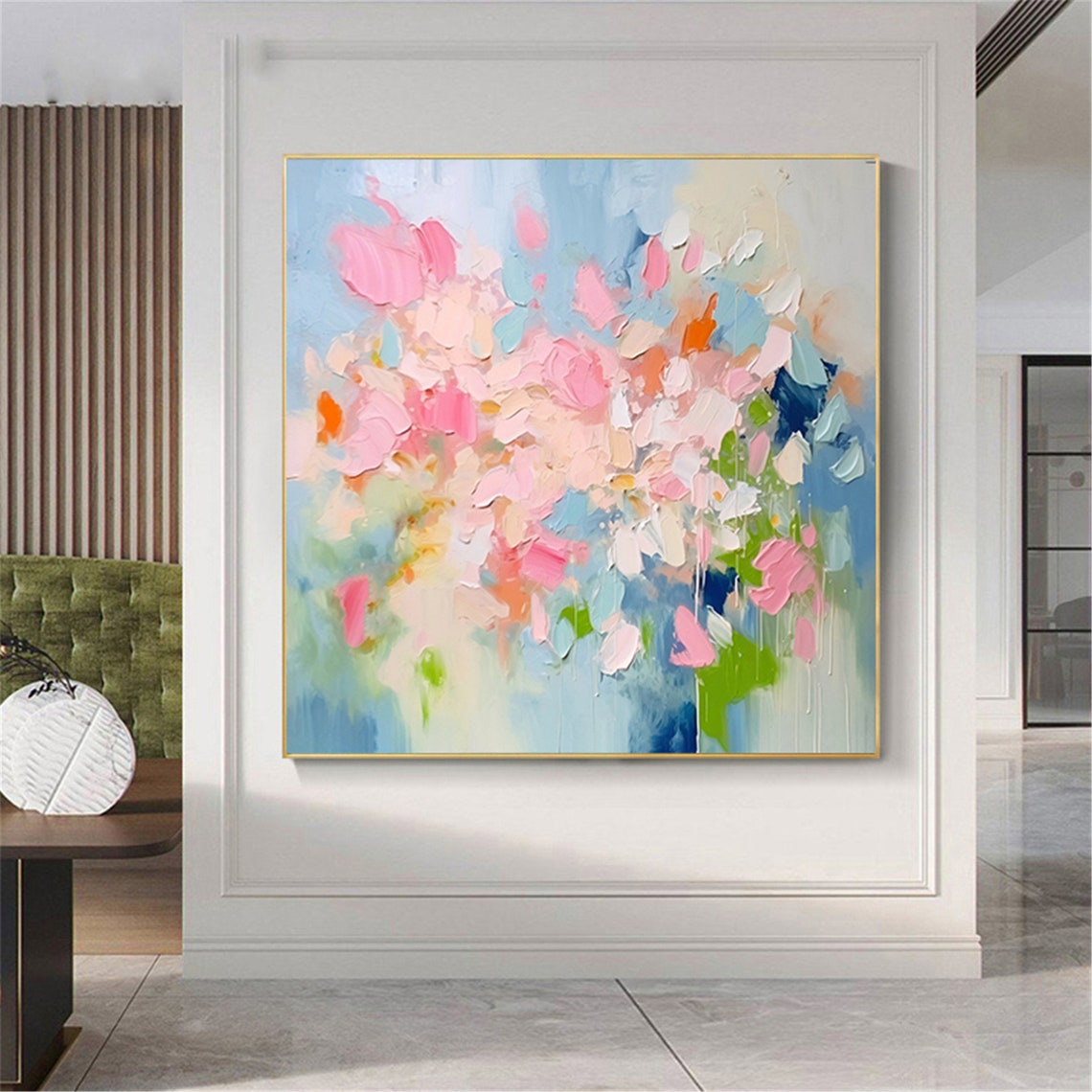 Pink White Blossom Burst Blue Green Abstract Floral Wall Art - Image 3