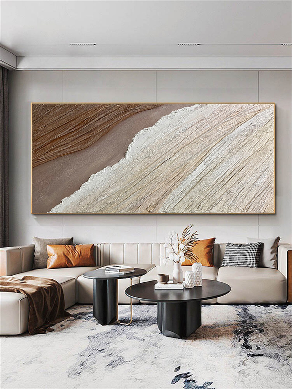 Abstract Beach Sand Waves 3D Textured Painting Brown Cream Wall Art - Image 3