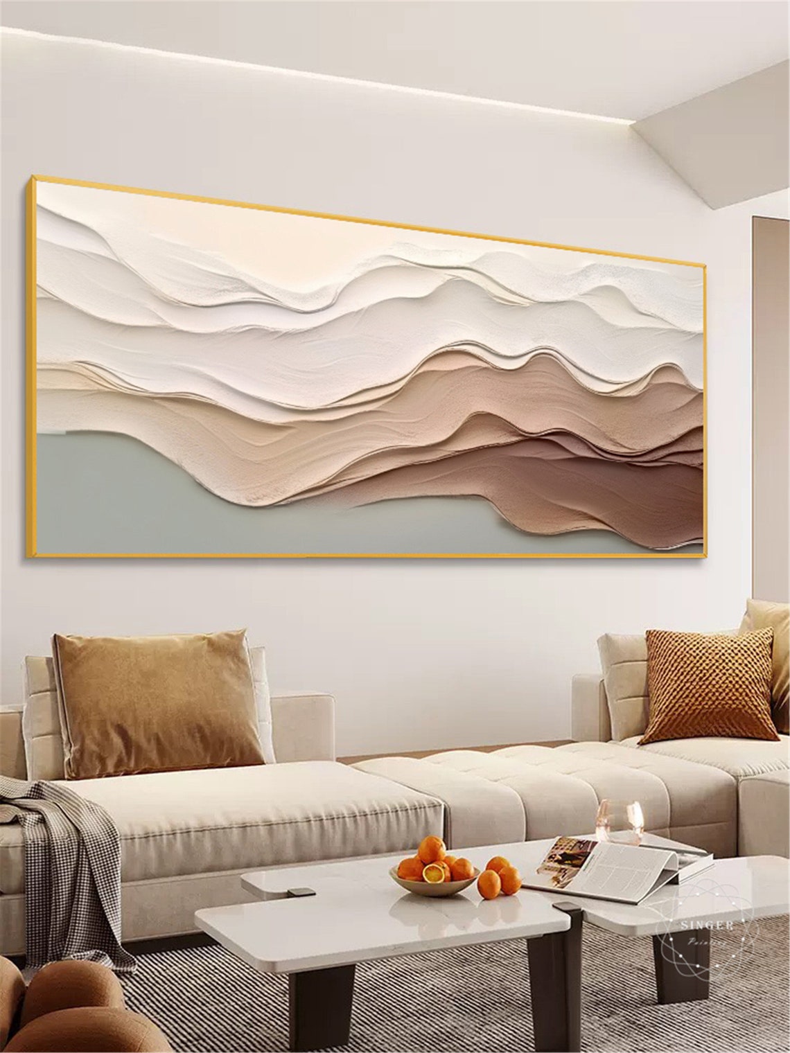 Flowing Wave Layers Abstract 3D Textured Cream Caramel Panoramic Print - Image 2