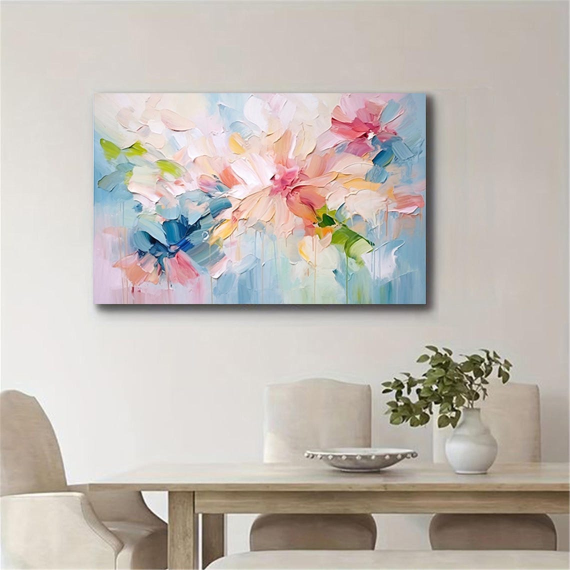 Peach Pink Peony Blossoms Light Blue Panoramic Elegant Wall Art - Image 3
