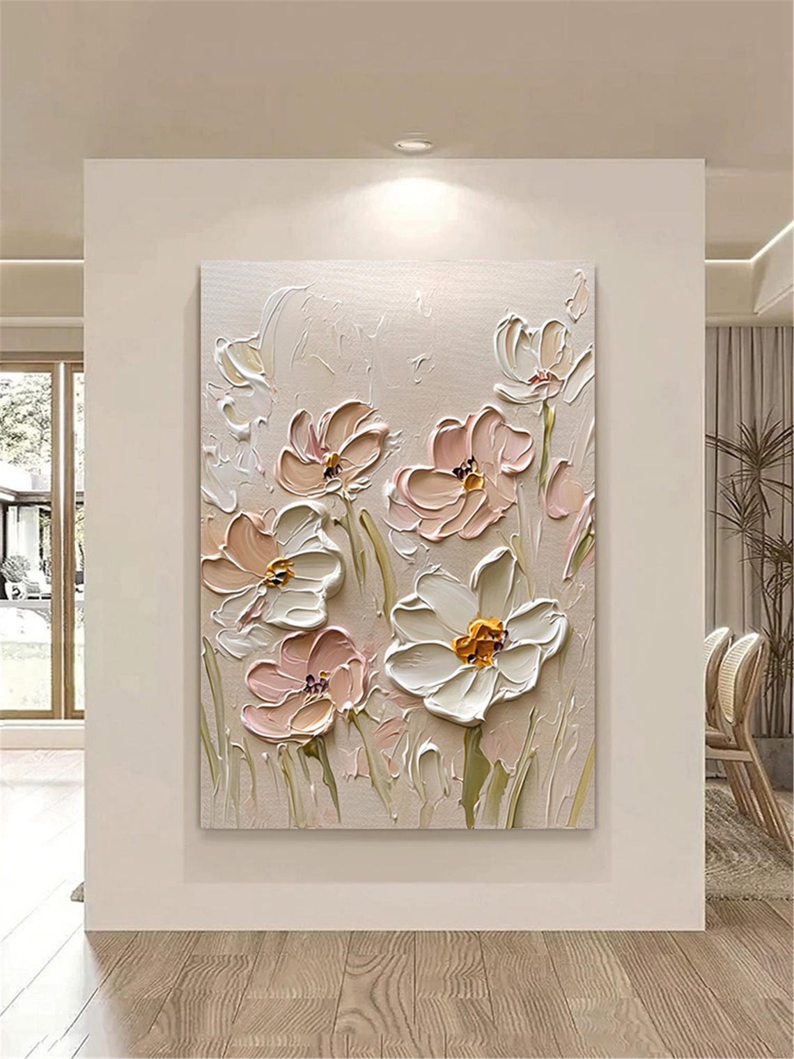 Minimal White Blush Cosmos Flower 3D Textured Floral Painting Poster - Image 5