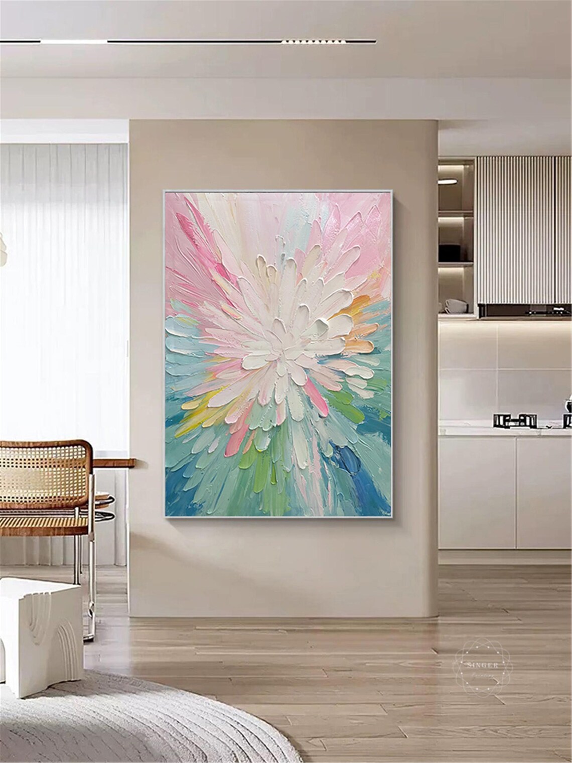 White Flower Burst Colorful Splash Textured Vertical Floral Wall Art - Image 3