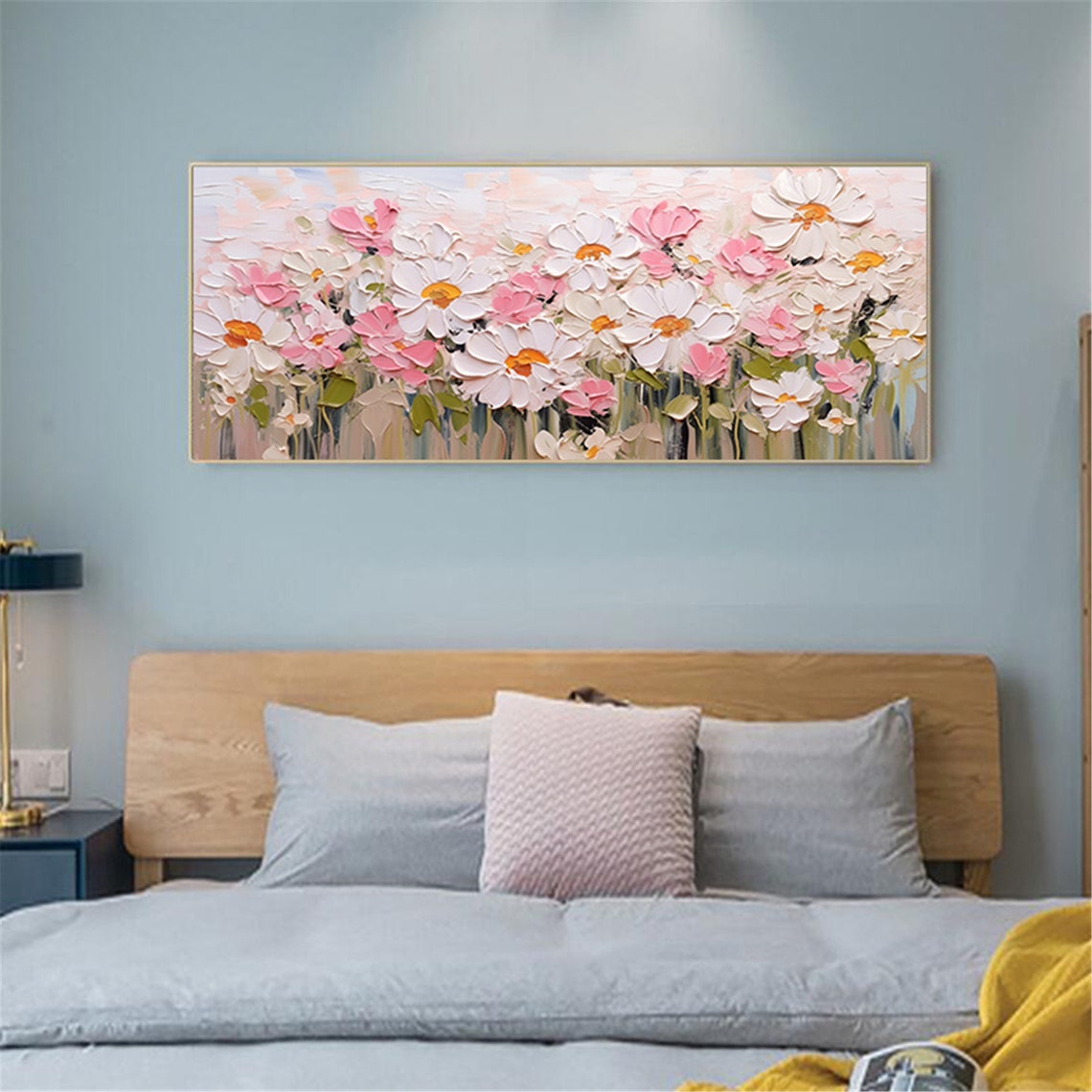 White Pink Cosmos Flower Field Panoramic Textured Floral Wall Art - Image 3
