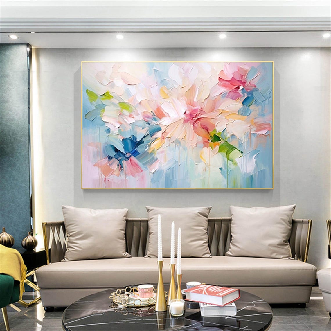 Peach Pink Peony Blossoms Light Blue Panoramic Elegant Wall Art - Image 5