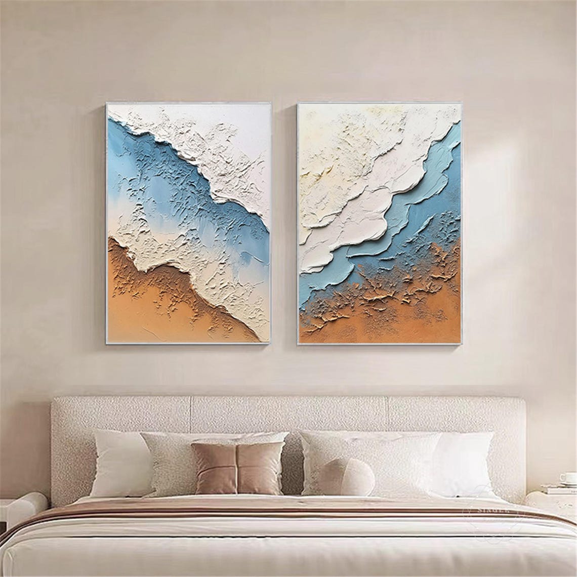 Two Piece Blue White Sea Waves Sandy Beach Diptych Coastal Wall Art - Image 4