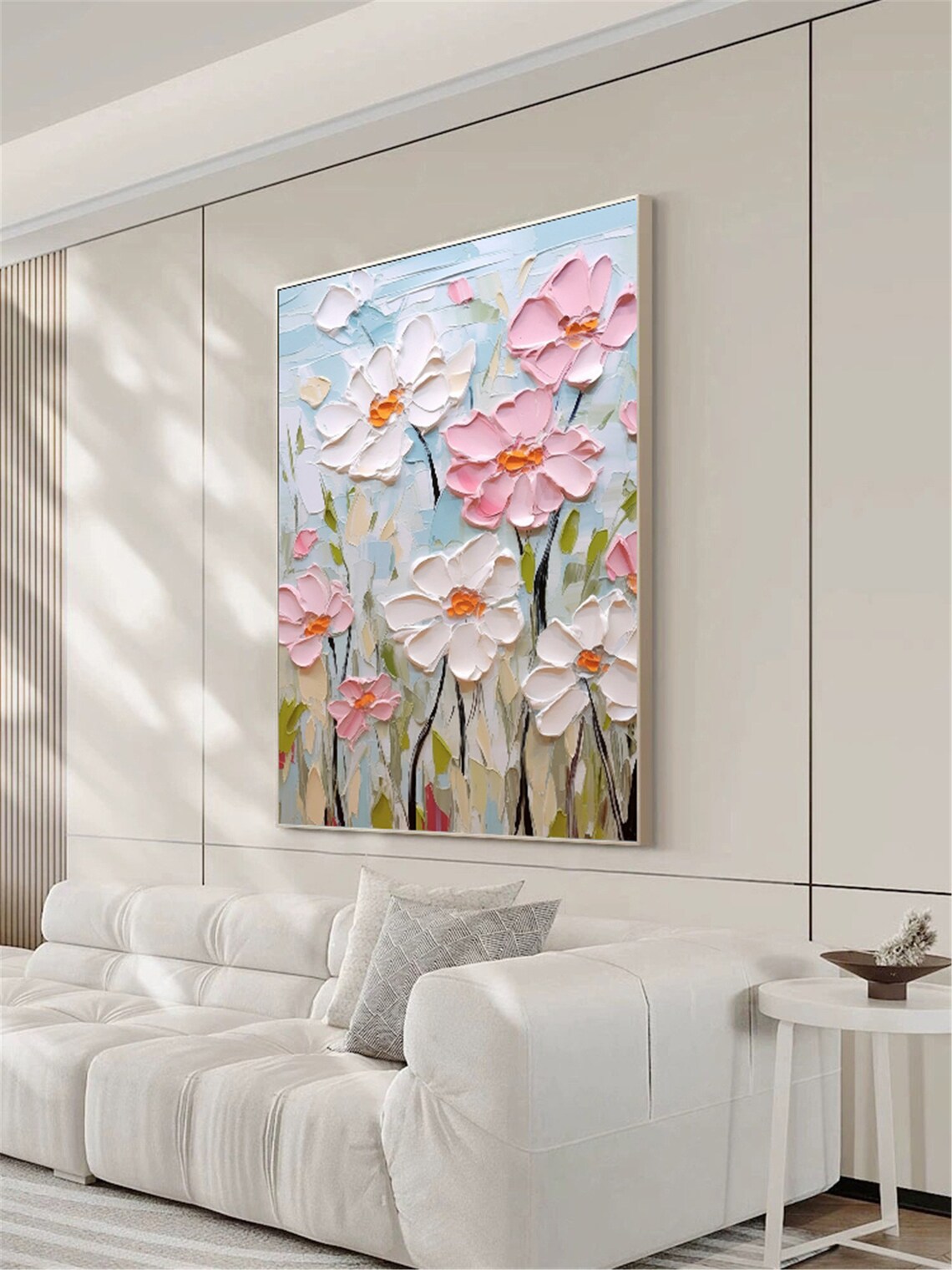 Pink White Blossom Light Blue 3D Textured Floral Painting Poster - Image 2