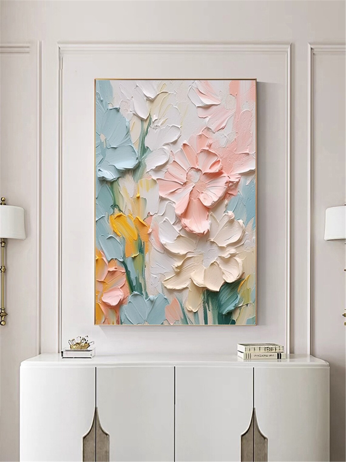 Pastel Pink White 3D Textured Floral Bloom Abstract Painting Poster - Image 3