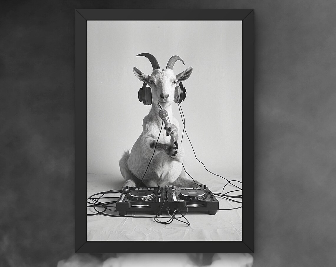 Goat DJ With Headphones and Microphone at the Turntables Poster