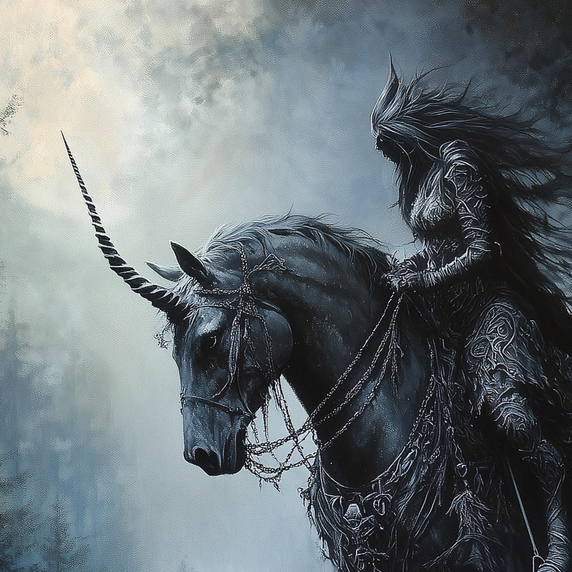Dark Forest Guardian Riding Black Unicorn Under Full Moon Print - Image 6