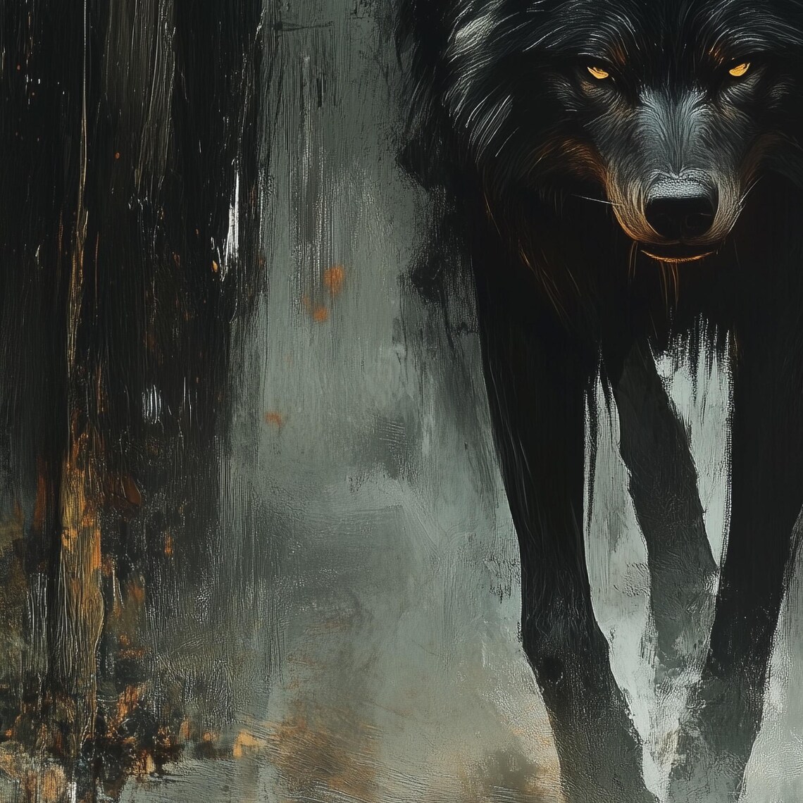 Black Wolf in Misty Forest, Oil Painting Art Print - Image 7