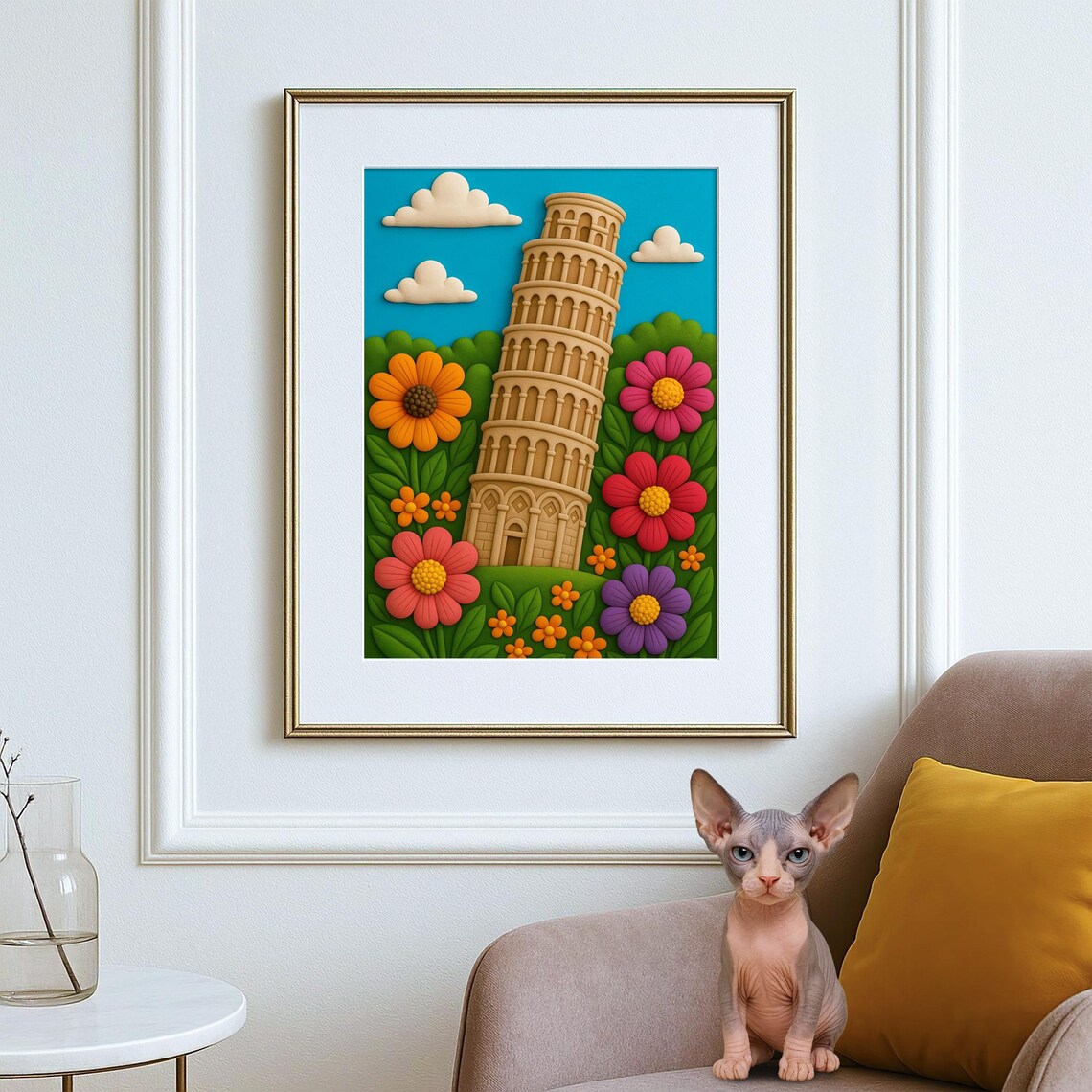 Leaning Tower Of Pisa Italy Clay Flower Art Poster Colorful 3D Floral Decor