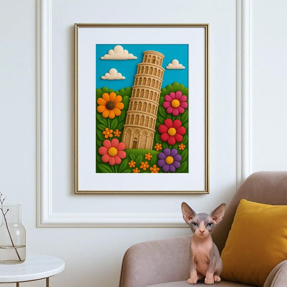 Leaning Tower Of Pisa 3d Floral Wall Art Colorful Print Instant Textured Travel Poster Italyinspired Home Decor