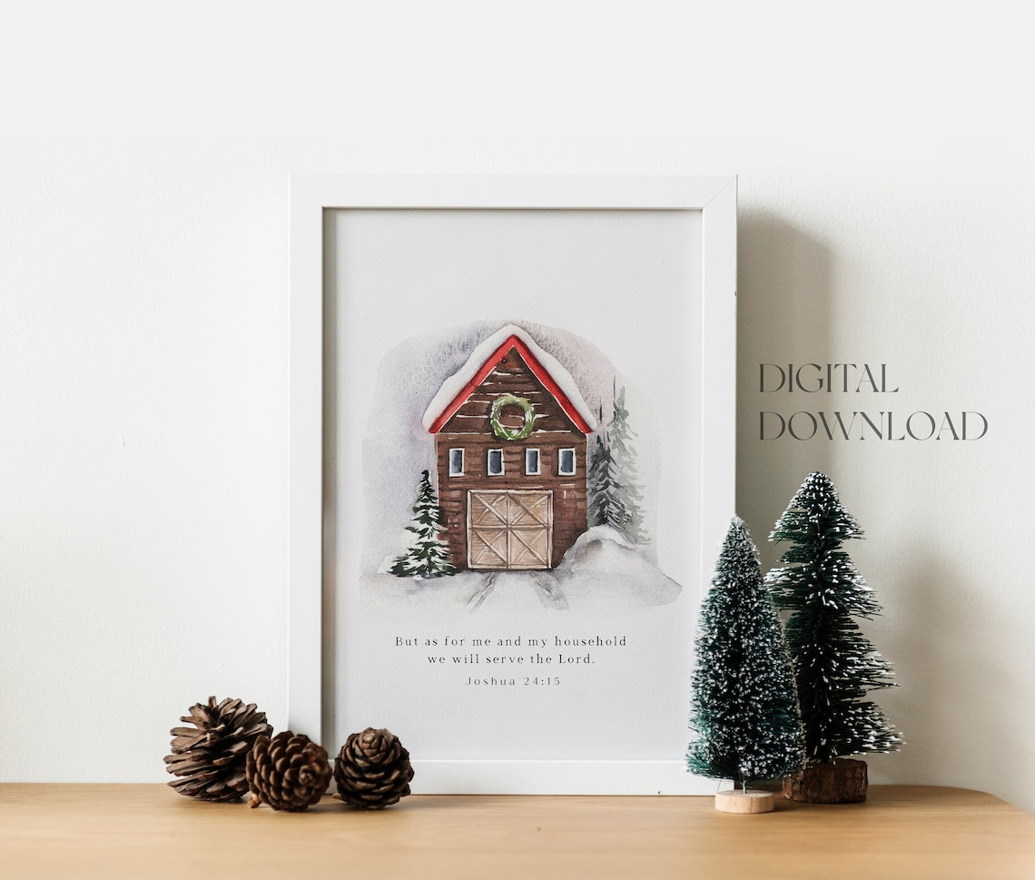 Joshua 24:15 We Will Serve the Lord Snowy Christmas Cabin Poster - Image 2