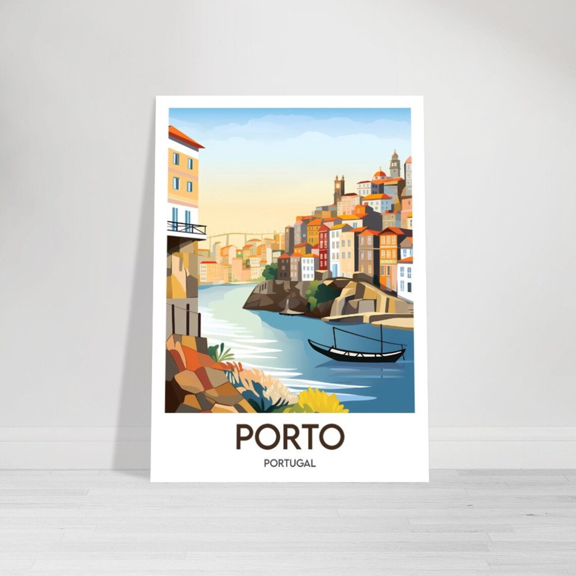 Porto Portugal Douro River Riverside Houses Boat View Travel Poster - Image 2
