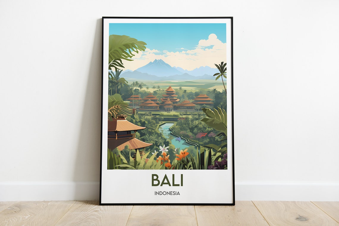 Bali Indonesia Temple Jungle Valley Minimalist Travel Poster