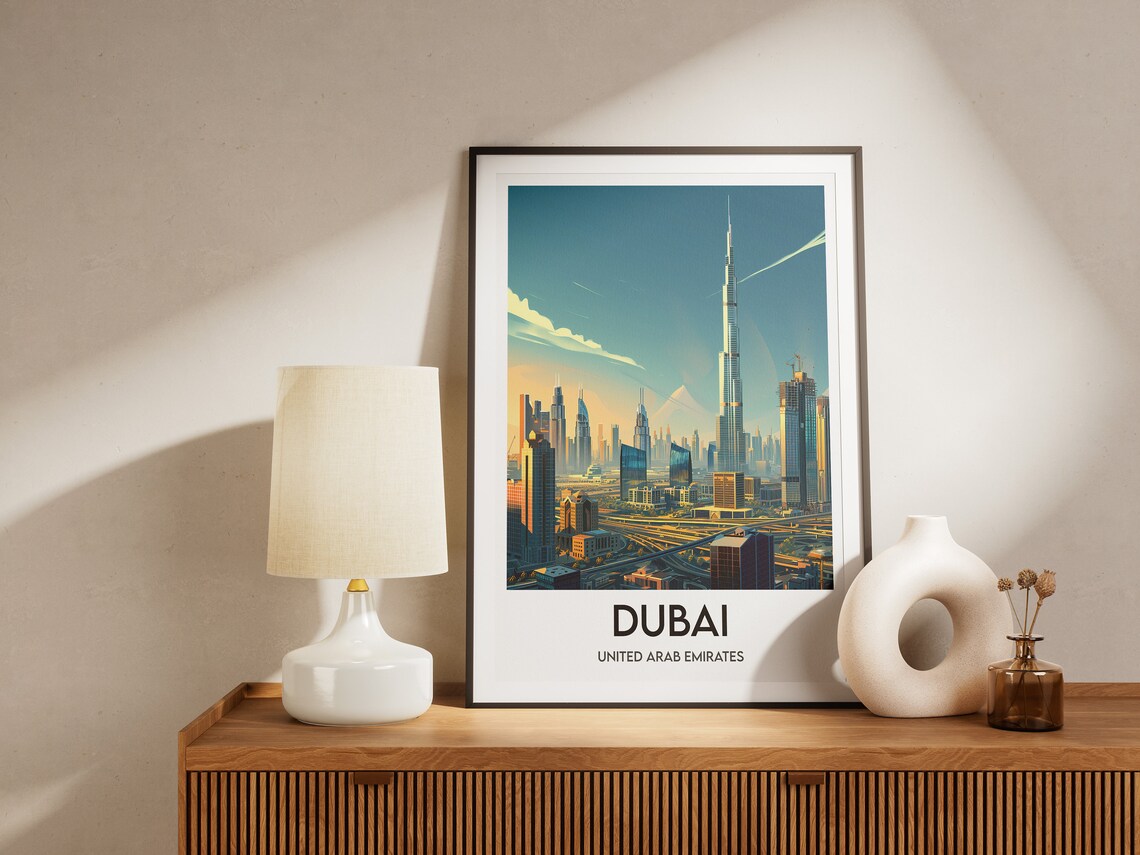 Dubai United Arab Emirates Burj Khalifa Sunset Skyline Travel Poster - Image 2
