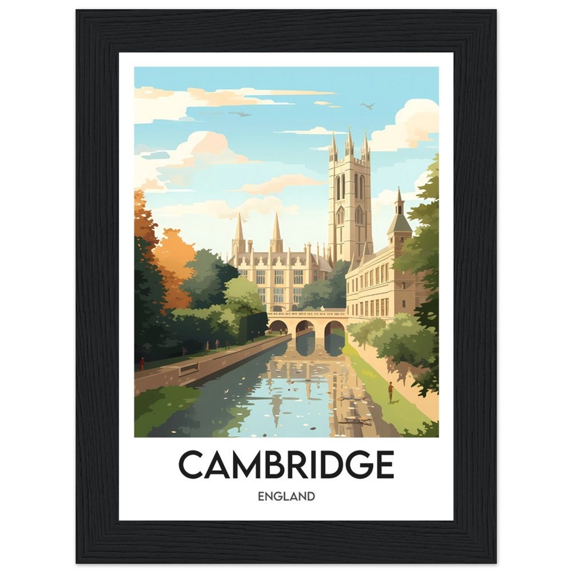 Cambridge England University Skyline River Bridge Travel Poster - Image 2