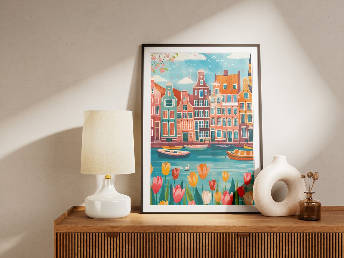 Amsterdam Netherlands Canal Houses Tulips Spring Boats Poster - Image 2
