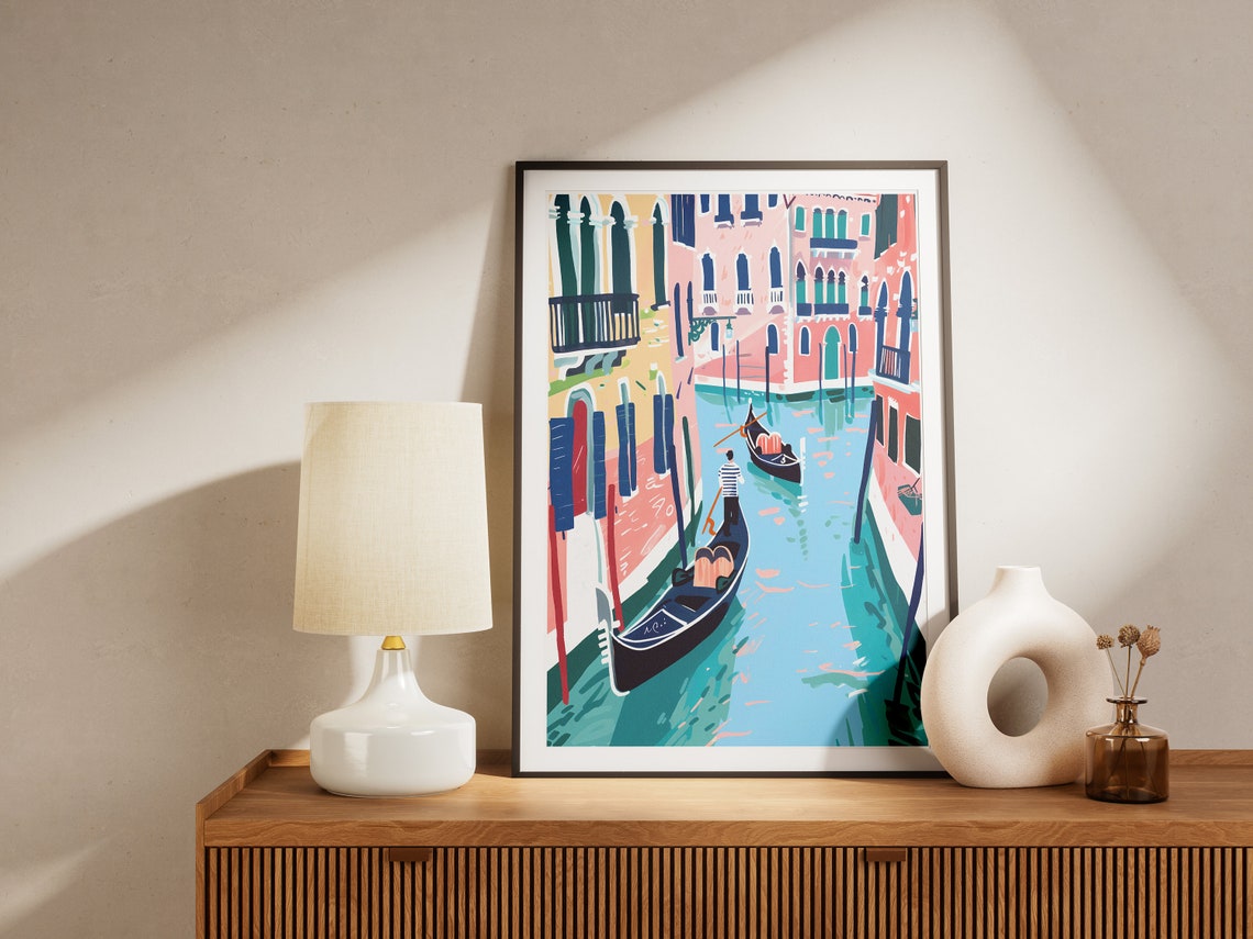 Venice Italy Canal Gondoliers Colorful Waterfront Scene Poster - Image 2