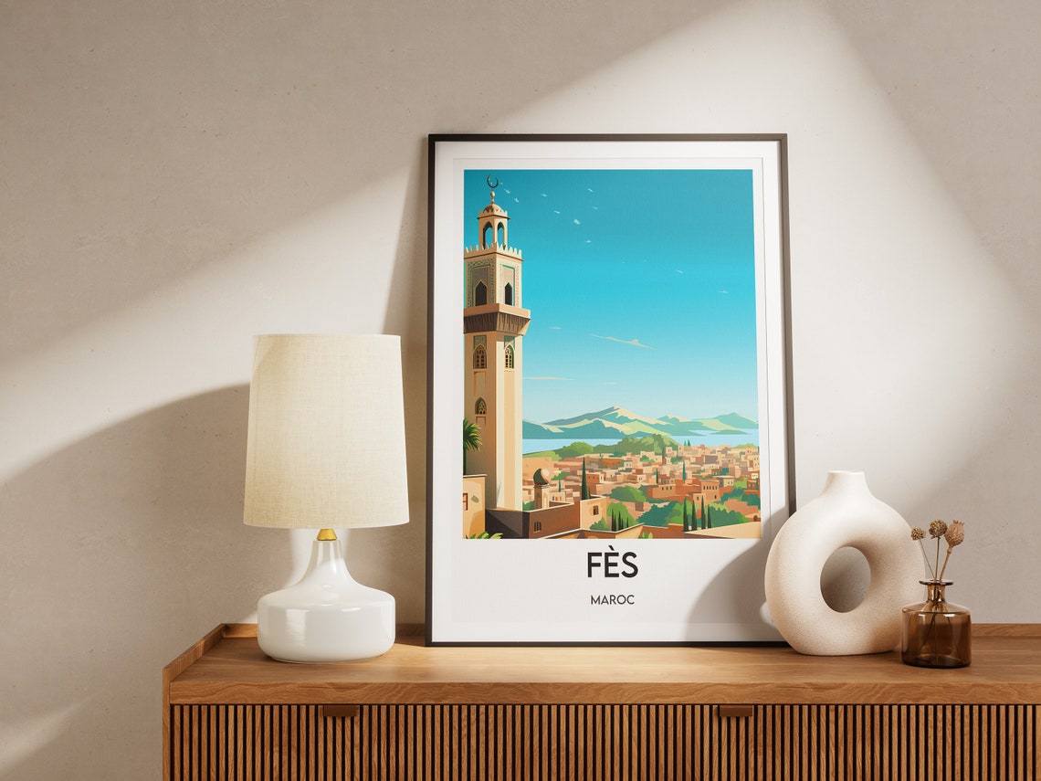 Fes Morocco Historic Minaret Over Medina Rooftops Travel Poster - Image 2