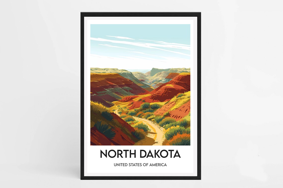 North Dakota Red Rock Canyon Winding Road Illustration Travel Poster