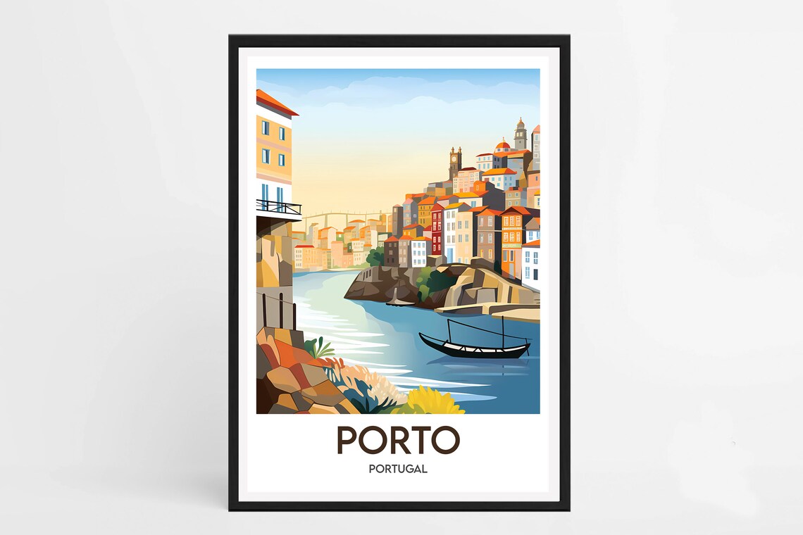 Porto Portugal Douro River Riverside Houses Boat View Travel Poster