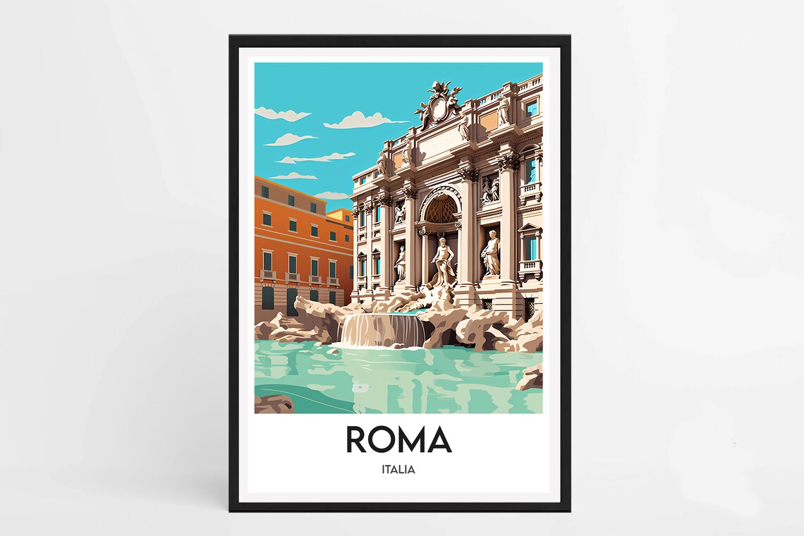 Rome Trevi Fountain Baroque Landmark Italy Travel Poster Art - Image 2