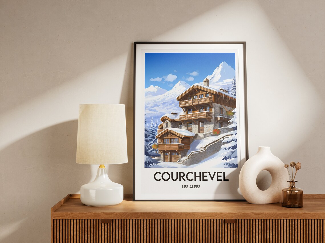 Courchevel French Alps Snowy Chalet Lodge Peaks Travel Poster - Image 2